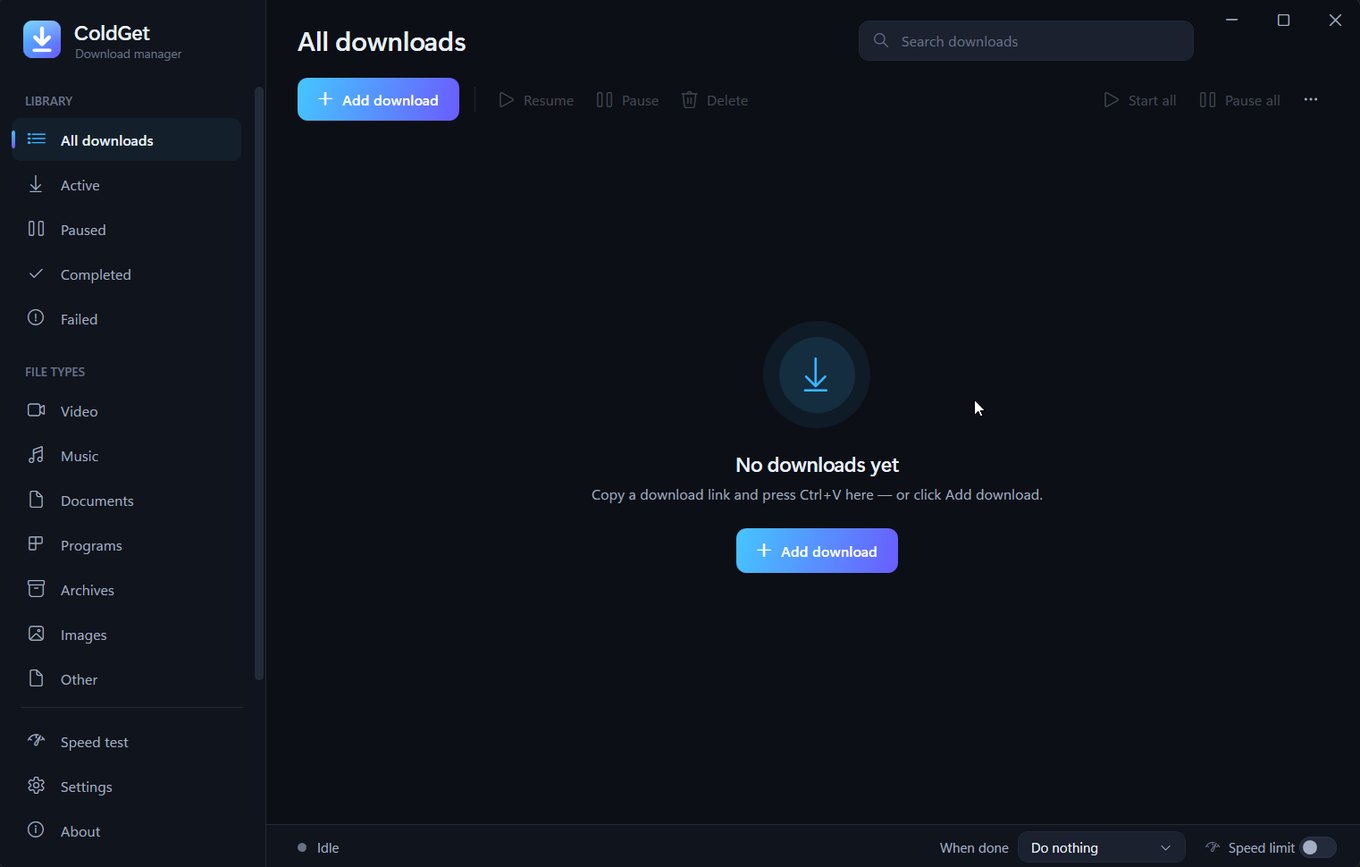 ColdGet window: all downloads, file types, the Add download button and the speed limit.