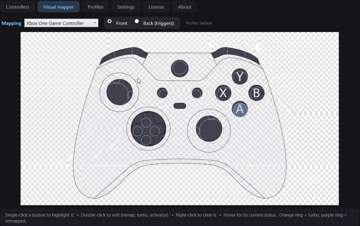 شاشة Visual mapper في ColdPulse: رسم يد Xbox، اضغط أي زر لتغيير وظيفته أو تفعيل التيربو له.