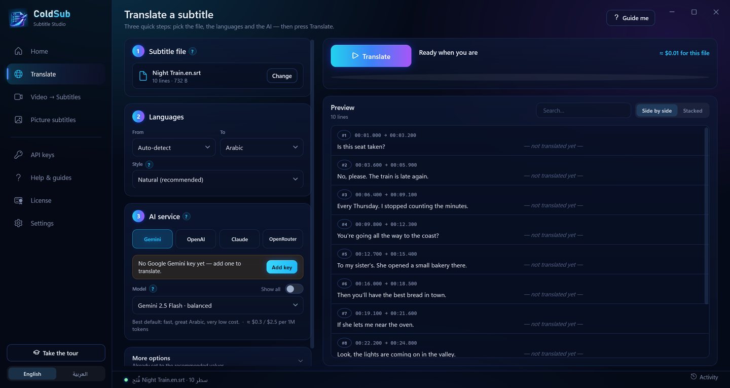 ColdSub's Translate page: subtitle file, languages, AI service, and a preview of the lines with the cost estimate.