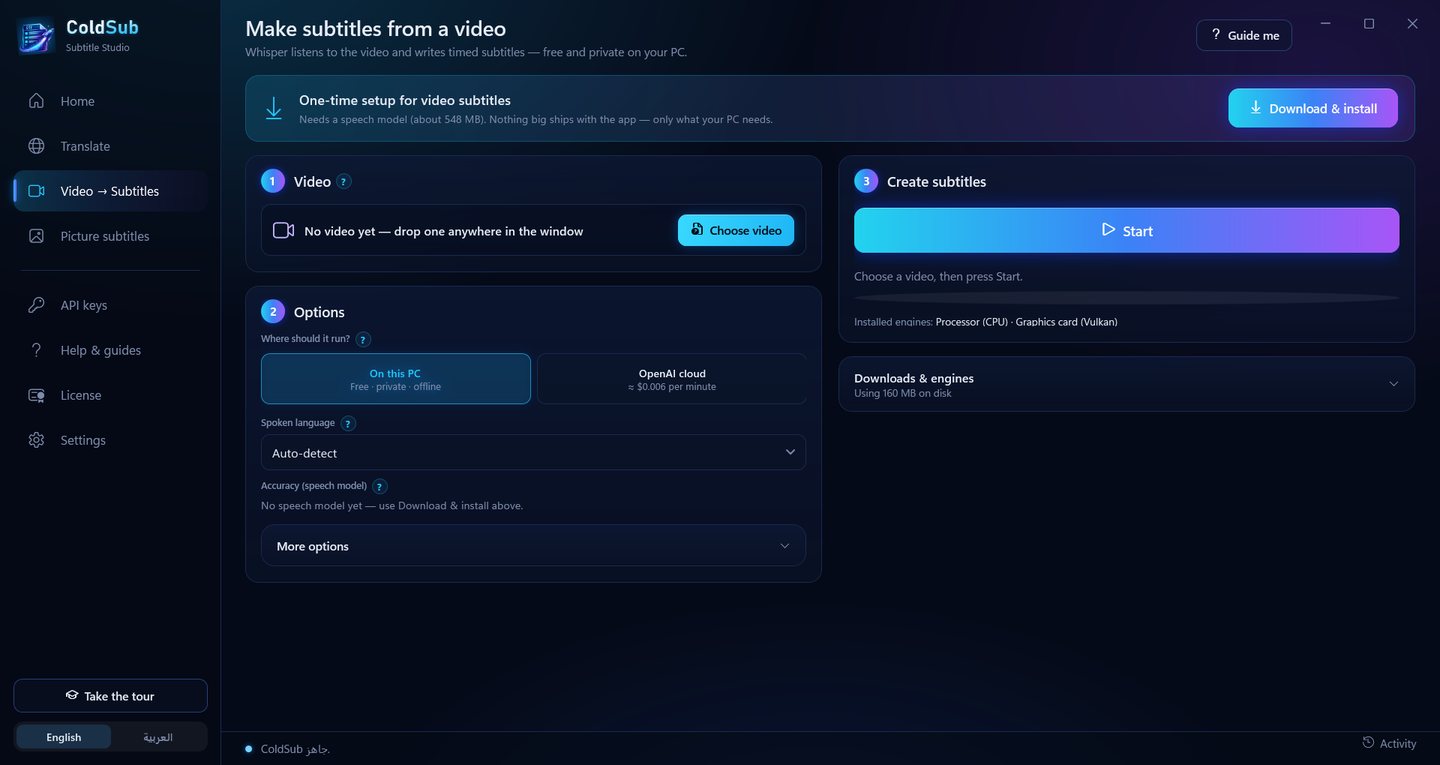 ColdSub's Video to Subtitles page: one-time setup, choosing a video, and running on your PC for free or via OpenAI cloud.